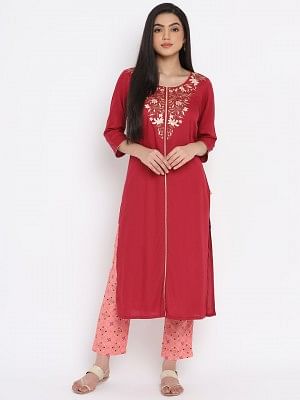 Red Embroidered Solid Kurta Trousers Set