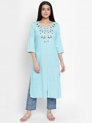 Blue Embroidered Solid Kurta Trousers Set