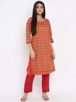 Orange Mughal Print A line Kurta Trousers Set