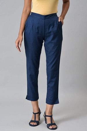 Dark Blue Cotton Flax Women's Trousers