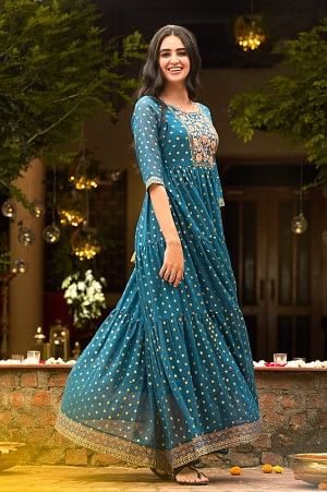 Blue Full Length Tiered Dress Embellished with Sequins