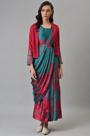Green And Red Sleeveless Predrape Saree Dress With Belt And Tailored Jacket