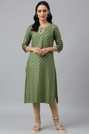 Olive Green Printed Kurta With Embroidery And Sequins