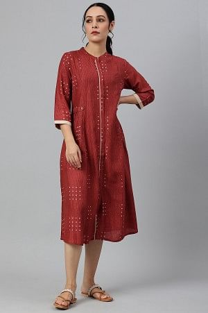 Red Full Placket Shirt-Dress Kurta In Rayon Fabric