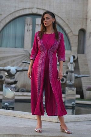 LIVAECO Dark Pink Mock Layer Embellished Jumpsuit