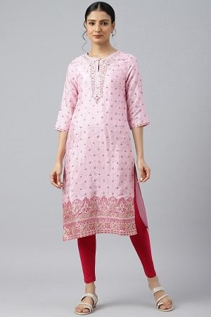 Cameo Pink Floral Printed And Embroidered Kurta