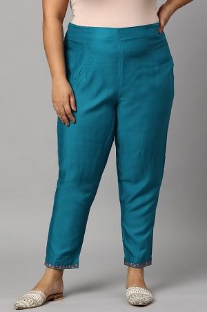 Teal Embroidered Plus Size Slim Pants
