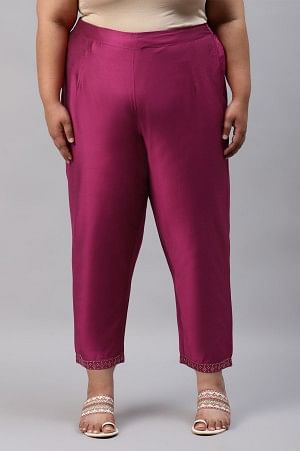 Dark Pink Women'S Plus Size Pants With Printed Border