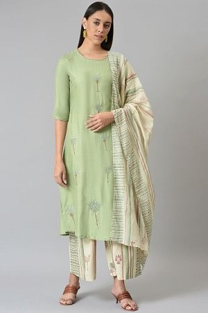 Light Green Embroidered Kurta With Printed Parallel Pants And Dupatta