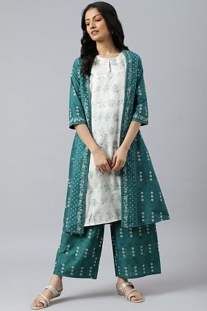 Green Printed Gilet With Off-White Kurta And Green Parallel Pants Set