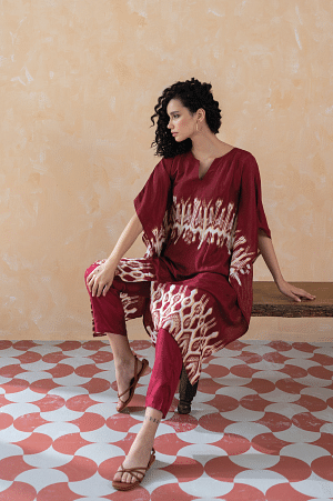 Dark Red Placement Ikkat Print Kaftan with Straight Pants Co-ord Set