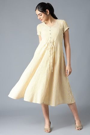 Custard Yellow Yarn-Dyed Printed Dress in V-neck