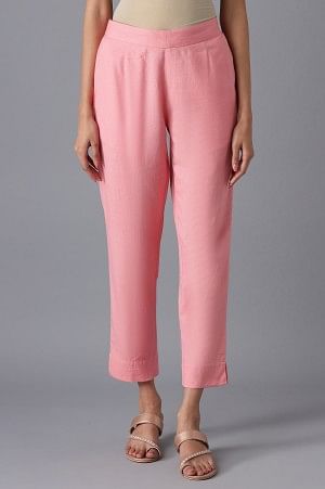 Pink Cotton Solid Trousers