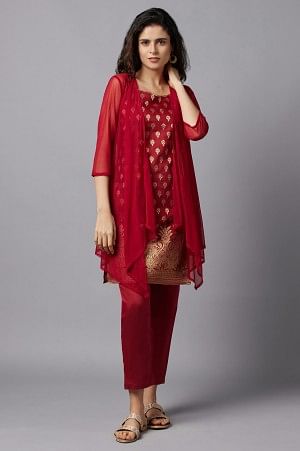 Red Gilet, Kurti and Trousers Set