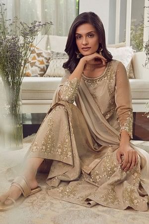 Gold Beige Floral Printed Kurta With Embroidery