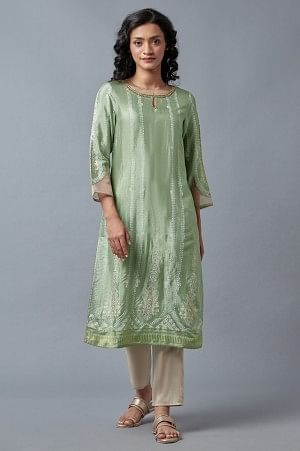 Light Green And Pink Festive Kurta With Embroidery