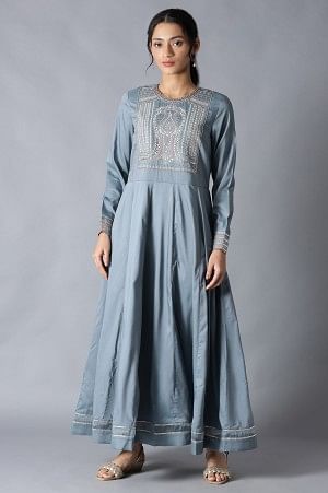 Blue Flared Round Neck Mughal Gown With Embroidery