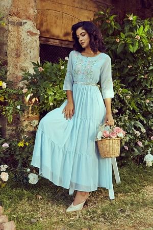 Blue Tiered Embroidered Dress With Belt