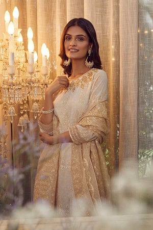 Ecru And Beige Heavy Festive Kurta With Parallel Pants And Dupatta