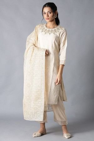 Ecru And Beige Heavy Festive Kurta With Parallel Pants And Dupatta