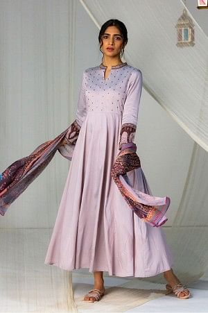 Purple Mughal Gown with Brown Printed Dupatta