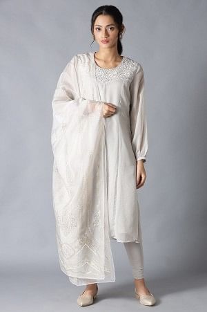 Grey Embroidered Kurta With Parallel Pants And Dupatta