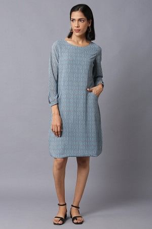 Light Teal Georgette Printed Dress With Cut Out Sleeves