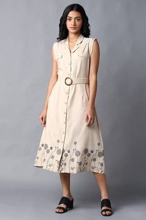 Beige A-Line Cotton Dress In Lapel Collar