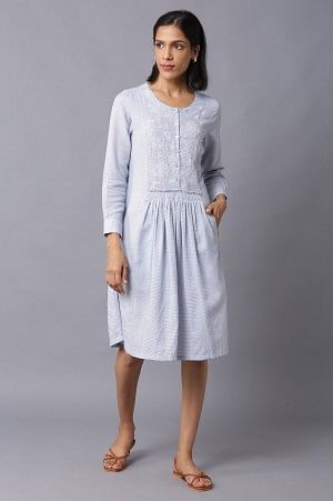 Blue Checker Embroidered Cotton Dress