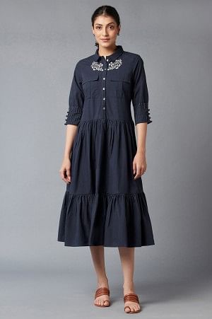 Navy Blue Embroidered Cotton Dress