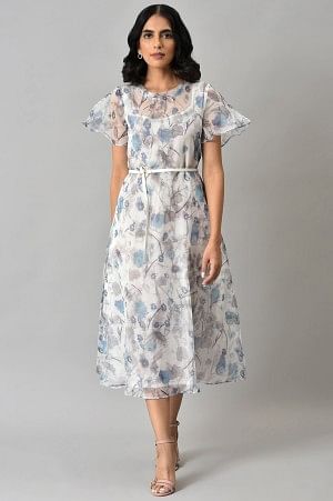 Light Blue Floral Organza Dress With Inner 