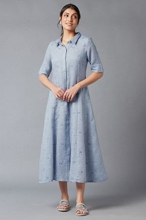 Blue Chambray Embroidered Cotton Dress