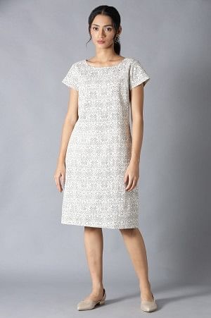 Ecru Cotton Embroidered Dress In Round Neck