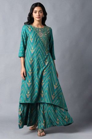 Teal Green Angrakha Jumpsuit In Round Neck