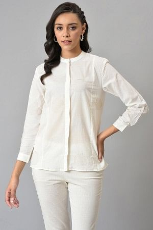 White Thread Embroidered Cotton Shirt