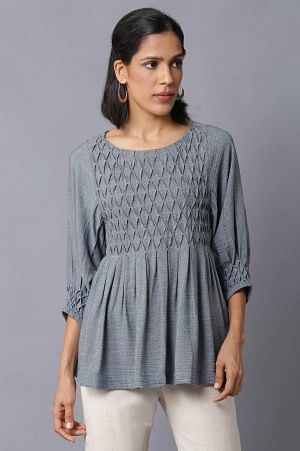 Dark Blue Gathered Top With Smocked Detail