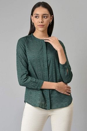 Dark Green Cotton Dobby Textured Shirt In Mandarin Collar