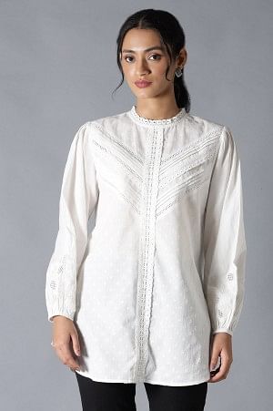 White Top With Lace And Applique Embroidered Sleeves 