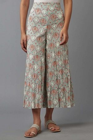 Green Floral Printed Flared Pants