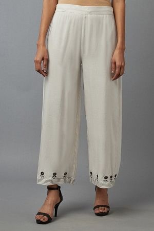 Ecru Embroidered Parallel Pants