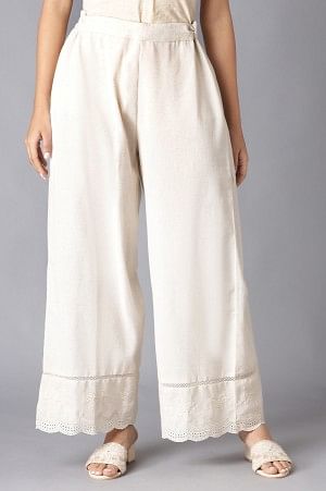 Natural Beige Parallel Pants With Embroidery