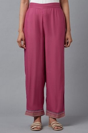 Pink Solid Slim Pants With Embroidery