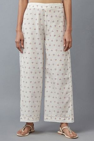 Ecru Floral Printed Parallel Pants with Lace