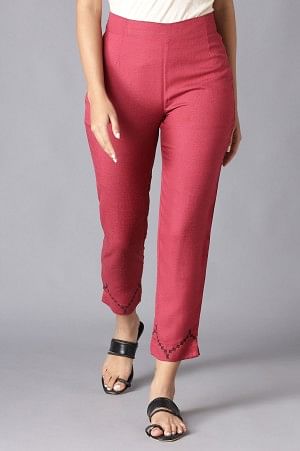 Dark Red Solid Slim Pants With Embroidery