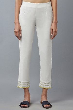 Ecru Cotton Flax Solid Slim Pants with Embroidery