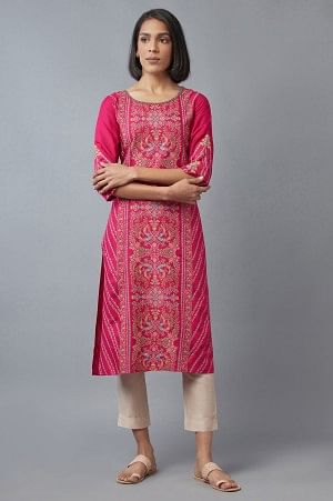 Dark Pink Floral Kurta In Boat Neck With Teal Blue Slim Pants And Dupatta