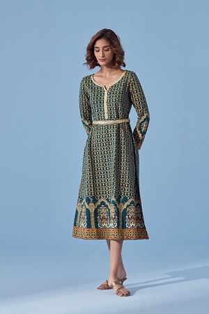 Green Floral Print Winter Dress with Sequins Detailing