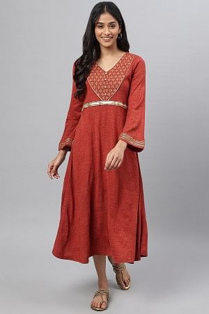 Red Embroidered A-line Winter Dress