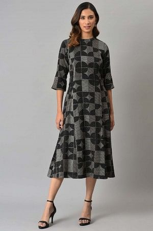 Black Geometric Print Cross Hatch Belt Dress