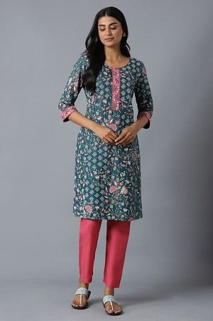 Green Floral Printed Kurta In Round Neck With Pink Solid Trousers
